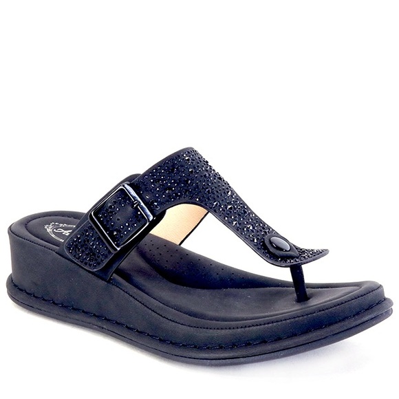 New! Italina Black Rhinestone Embellished Between The Toes Low Wedge Sandal - Picture 2 of 5